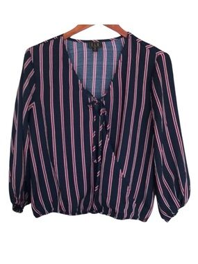 OLM Navy Red Stripe Surplice V-Neck Tie Front Blouse NWT